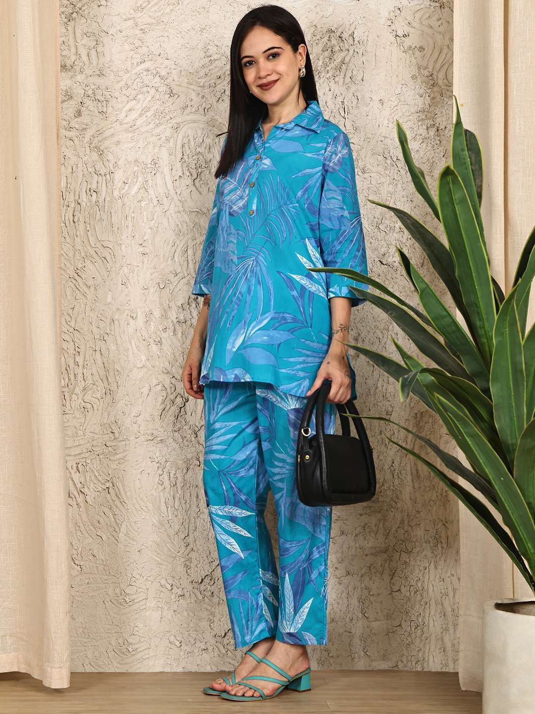 Women's Pure Cotton Printed Collared Top and Pant Co-ord Set (Blue) - Image 4