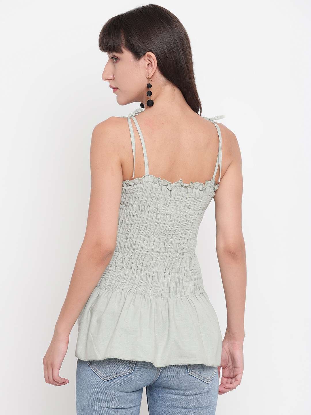 Women's Rayon Solid Casual Summer Style Tie Shoulder Straps Free Size Tank Top (Clouds) - Image 2