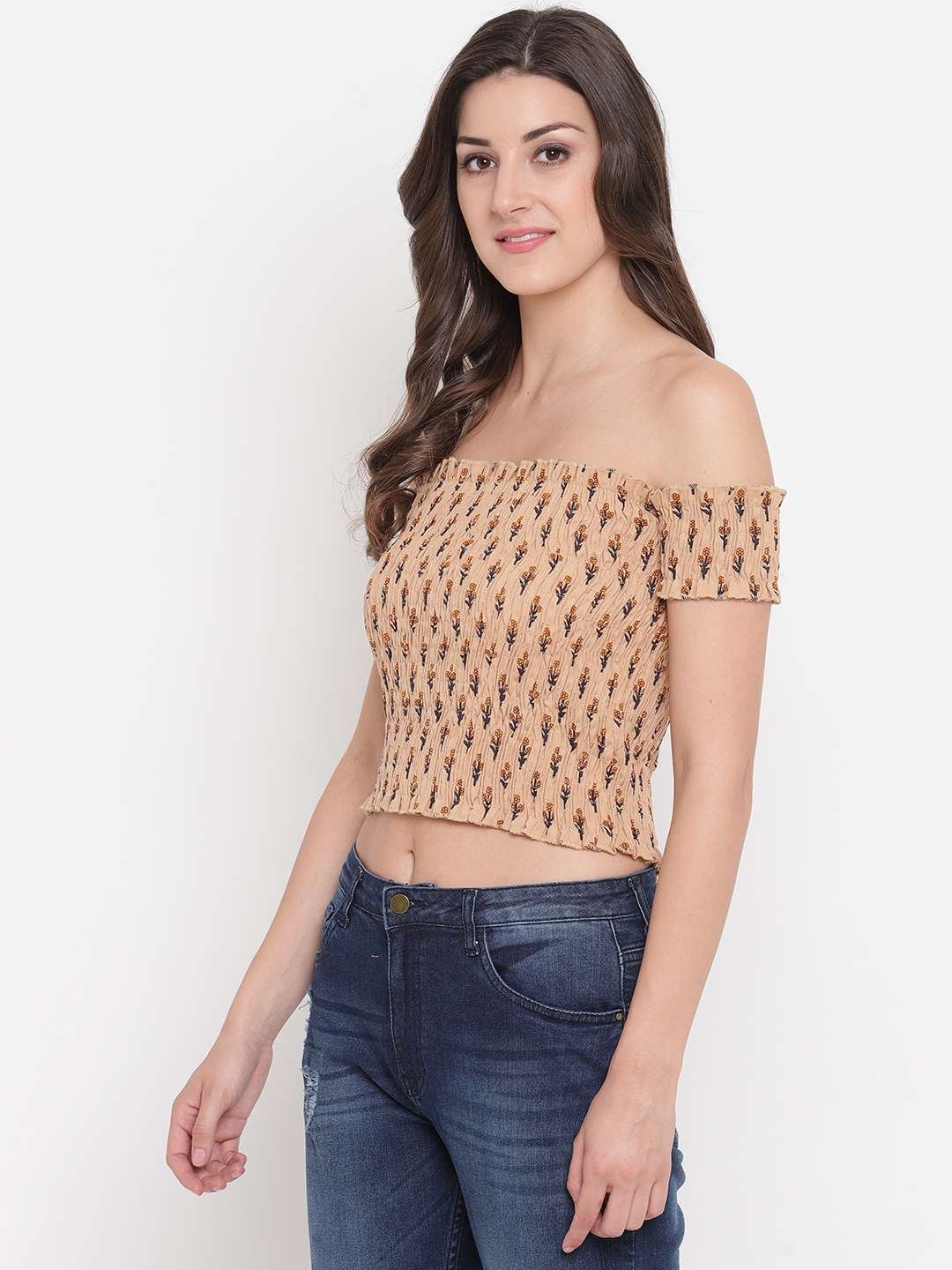 Women's Rayon Printed Off-Shoulder Smocked Crop Top Short Sleeve Casual Styles Tank Top (FREE SIZE) Multi41
