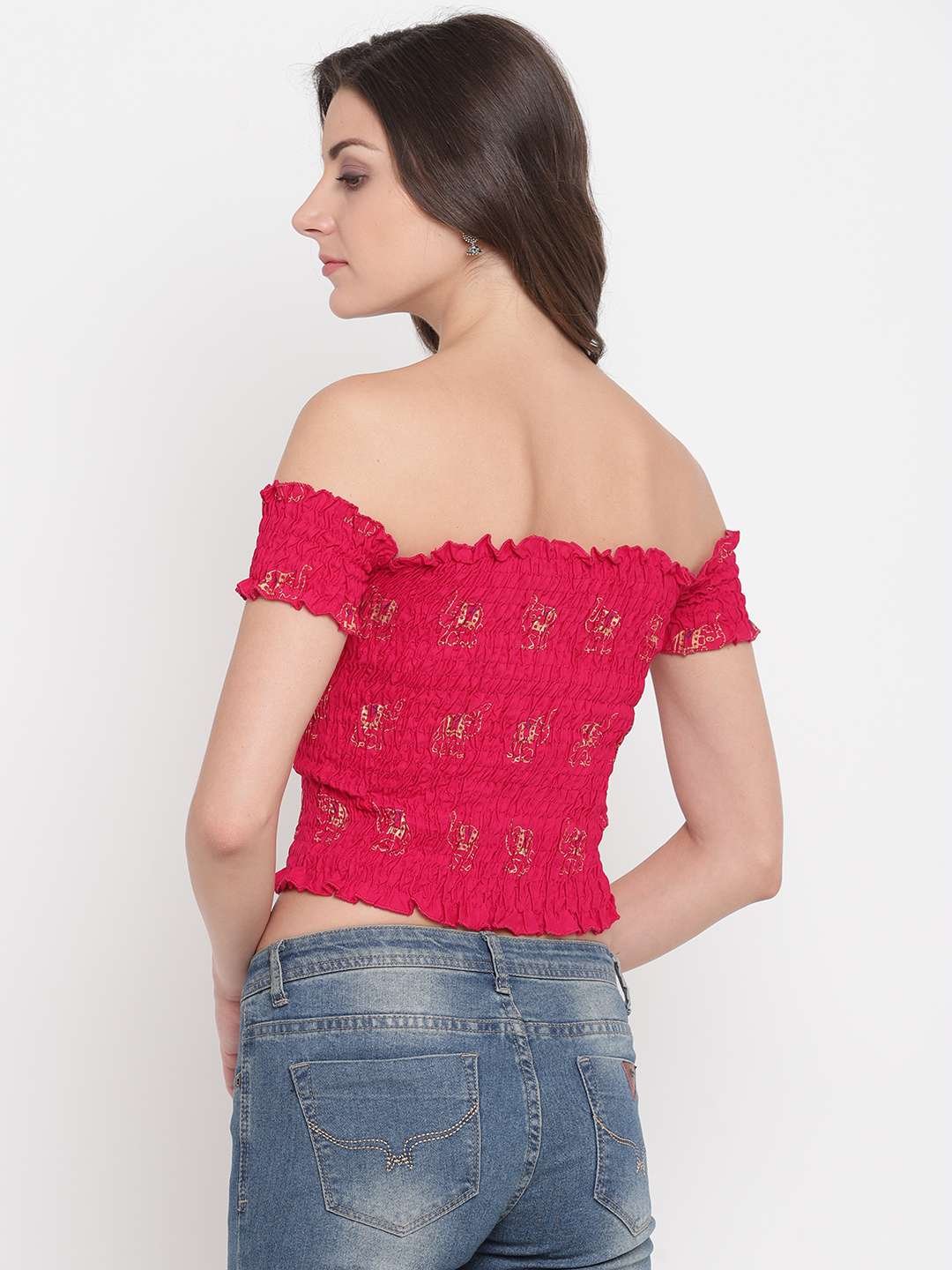 Women's Rayon Printed Off-Shoulder Smocked Crop Top Short Sleeve Casual Styles Tank Top (FREE SIZE) Multi14 - Image 3